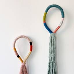 Set Of 2 Handmade Knotted Wall Hangings, Pair Bohemian Macrame Fiber Art Pieces, Wrapped Pastel Rope Decor Set - thumbnail 2