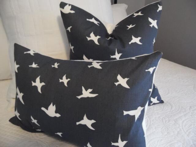 Chambray Pillow Cover Blue & White Birds Print, Cotton Home Decor - image 1
