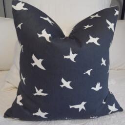 Chambray Pillow Cover Blue & White Birds Print, Cotton Home Decor - thumbnail 2