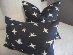 Chambray Pillow Cover Blue & White Birds Print, Cotton Home Decor - thumbnail 1