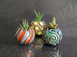 Raku Succulent Pot Set Or Single - Ceramic Planters For Cactus & Plants Sea Urchin Italian Design Hangable, Custom Size & Colors - thumbnail 1