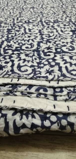 Indigo Floral Kantha Quilt, Handblock Printed Indian Bedspread - Queen - image 1