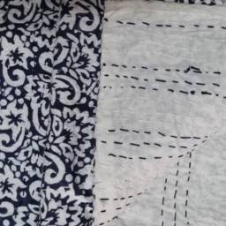 Indigo Floral Kantha Quilt, Handblock Printed Indian Bedspread - Queen - thumbnail 4