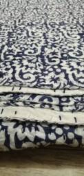 Indigo Floral Kantha Quilt, Handblock Printed Indian Bedspread - Queen - thumbnail 1