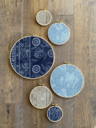 Rare Vintage Batik Hmong & African Mudcloth Gallery Wall Hanging Decor Set, Wood Circle Frames Various Sizes, Modern Boho Set Of 6