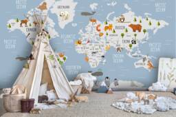 Animal World Map Wallpaper, Kids Wall Decor, Peel & Stick Mural - thumbnail 1