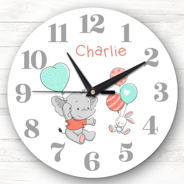 Flying Elephant Rabbit Balloon Baby's Nursery Custom Gift Personalised Clock - image 1