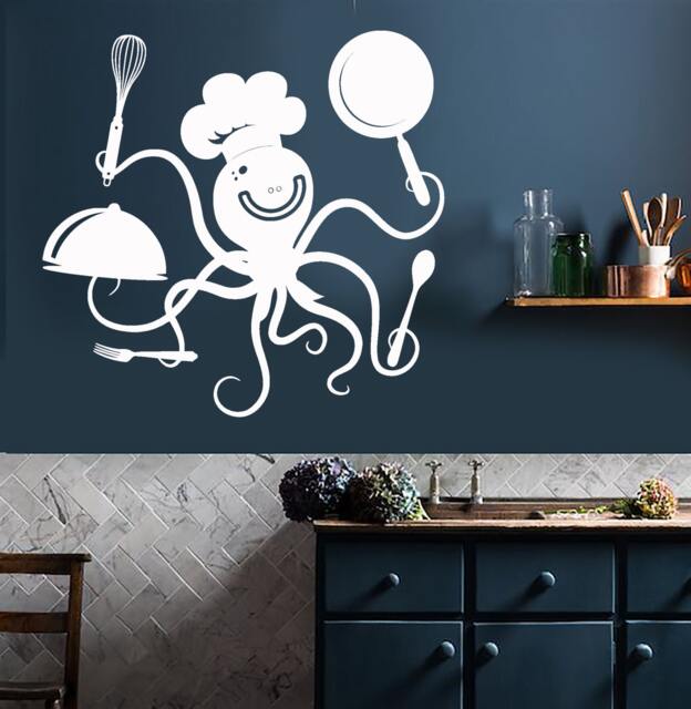 Wall Vinyl Decal Kitchen Decor Funny Octopus Chef With Pots & Pans Restaurant Cafe Decoration - #1043Di - image 1