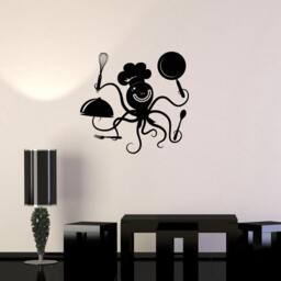 Wall Vinyl Decal Kitchen Decor Funny Octopus Chef With Pots & Pans Restaurant Cafe Decoration - #1043Di - thumbnail 2