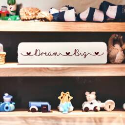 Handpainted Dream Big Nursery Sign, White & Dark Pink Engraved Wood - thumbnail 1
