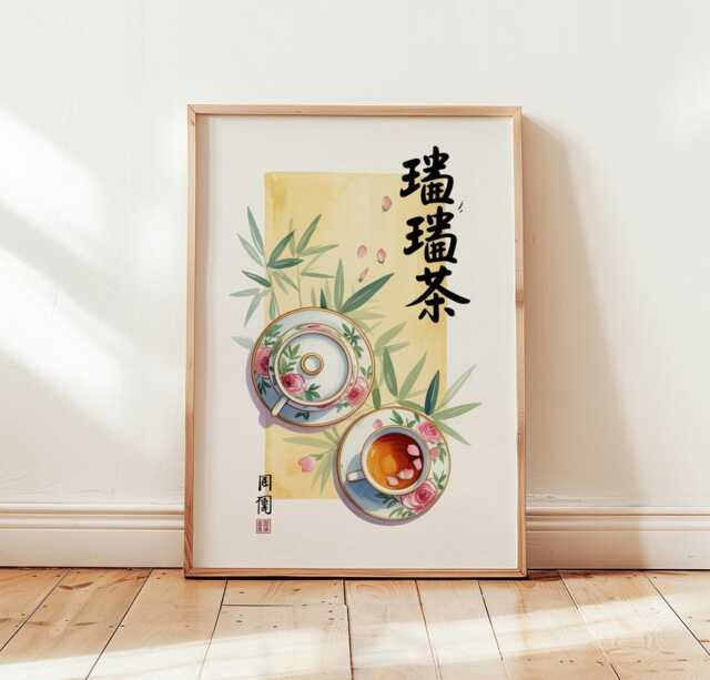 Tea Cup Poster - Botanical Kitchen Wall Art Print - image 1