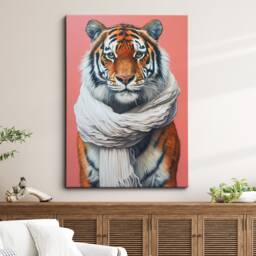 Tiger Wearing Beige Scarf Framed Poster Print & Canvas Wall Decor Art Painting Bedroom Home Living Room Funny Animal Lover Gift
