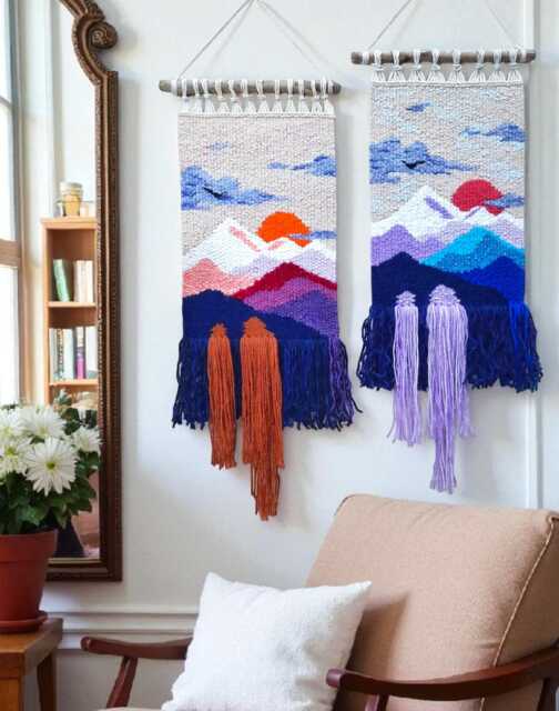 Handwoven Mountain Tapestries Boho Sunset & Snowy Peaks Fiber Art - image 1
