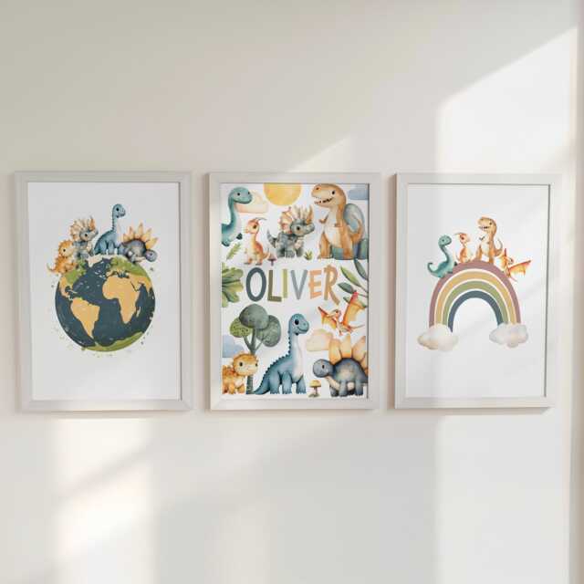 Dinosaur Personalised Nursery Wall Prints, Set Of 3 Custom Initial , Boys Bedroom Decor, Framed Pictures, Earth Tone Playroom Posters - image 1