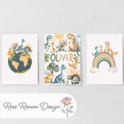Dinosaur Personalised Nursery Wall Prints, Set Of 3 Custom Initial , Boys Bedroom Decor, Framed Pictures, Earth Tone Playroom Posters - thumbnail 3