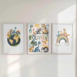 Dinosaur Personalised Nursery Wall Prints, Set Of 3 Custom Initial , Boys Bedroom Decor, Framed Pictures, Earth Tone Playroom Posters - thumbnail 1