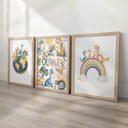 Dinosaur Personalised Nursery Wall Prints, Set Of 3 Custom Initial , Boys Bedroom Decor, Framed Pictures, Earth Tone Playroom Posters - thumbnail 2