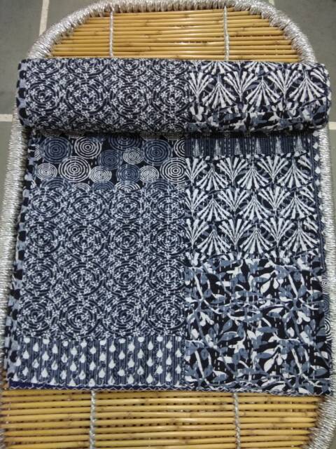 Handmade Jaipuri Block Print Kantha Quilt Black Patchwork Cotton Bedspread - image 1