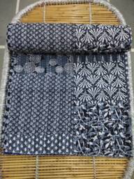 Handmade Jaipuri Block Print Kantha Quilt Black Patchwork Cotton Bedspread - thumbnail 1