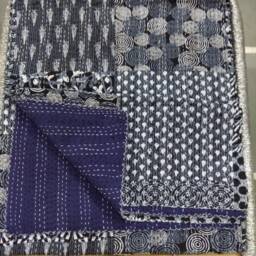 Handmade Jaipuri Block Print Kantha Quilt Black Patchwork Cotton Bedspread - thumbnail 3