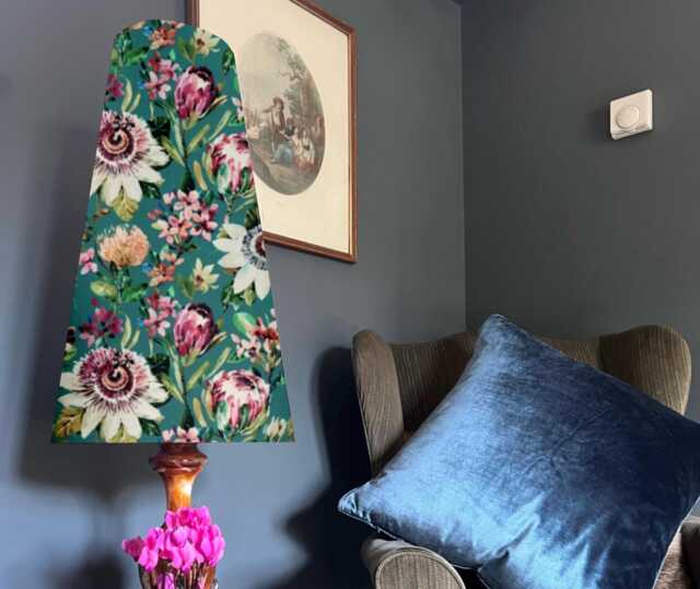 Teal Green Velvet Lampshade, Floral Summer Garden Cone Shade - image 1