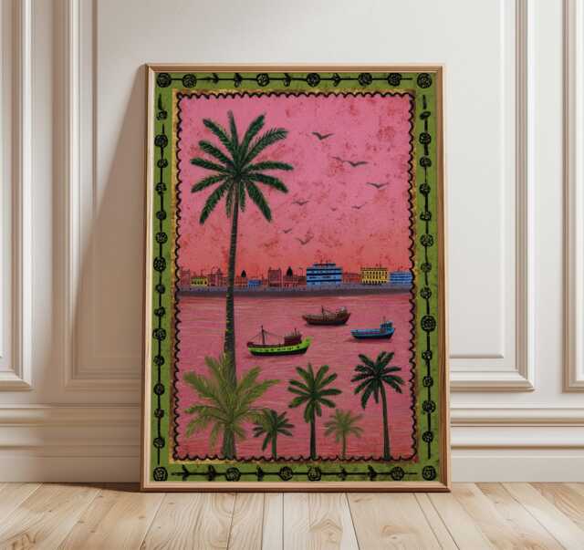 Casablanca Harbor Poster, Moroccan Coastal Wall Art, Pink Ocean Sunset Print, Tropical Palm Exotic Travel Poster For Home Decor - image 1