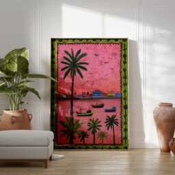 Casablanca Harbor Poster, Moroccan Coastal Wall Art, Pink Ocean Sunset Print, Tropical Palm Exotic Travel Poster For Home Decor - thumbnail 3