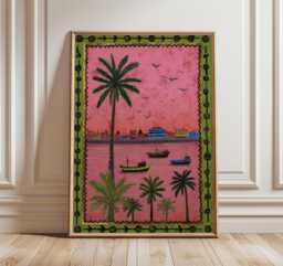 Casablanca Harbor Poster, Moroccan Coastal Wall Art, Pink Ocean Sunset Print, Tropical Palm Exotic Travel Poster For Home Decor - thumbnail 1