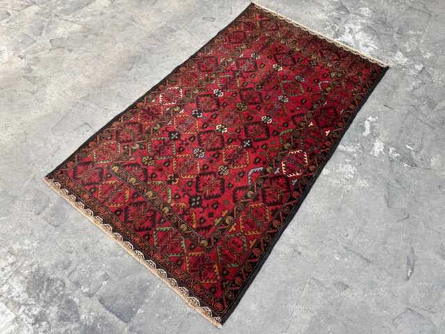 3'4x5'11 Hand-Knotted Afghan Baluchi Wool Rug - Traditional Tribal Red Design With Geometric Motifs & Borders Vintage Accent Carpet - image 1