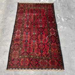 3'4x5'11 Hand-Knotted Afghan Baluchi Wool Rug - Traditional Tribal Red Design With Geometric Motifs & Borders Vintage Accent Carpet - thumbnail 2