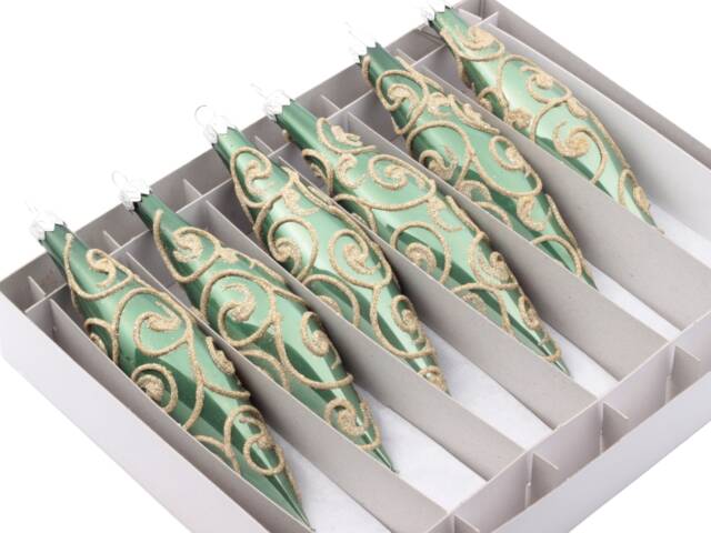 6 Blown Glass Oval Green Christmas Tree Ornaments Handmade in Czech - image 1
