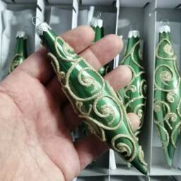 6 Blown Glass Oval Green Christmas Tree Ornaments Handmade in Czech - thumbnail 4