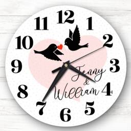 Romantic Birds Red Heart Couple Names Personalised Gift Clock