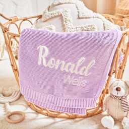 Embroidered Cotton Knit Baby Blanket Personalized Nursery Decor - thumbnail 1