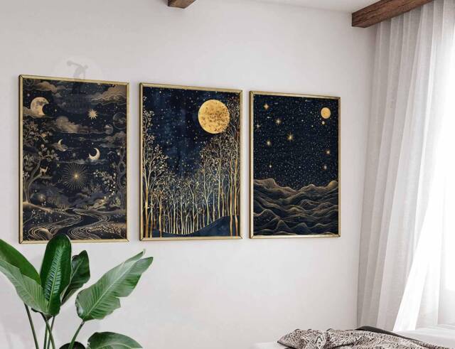 William Morris Set Of 3 Posters, Gold Decor, Print, Moon Poster, Night Sky Art, Botanical Floral Bedroom Art - image 1