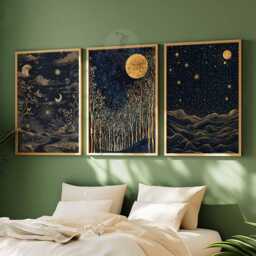 William Morris Set Of 3 Posters, Gold Decor, Print, Moon Poster, Night Sky Art, Botanical Floral Bedroom Art - thumbnail 2