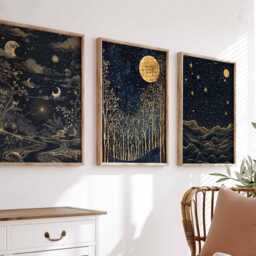 William Morris Set Of 3 Posters, Gold Decor, Print, Moon Poster, Night Sky Art, Botanical Floral Bedroom Art - thumbnail 3