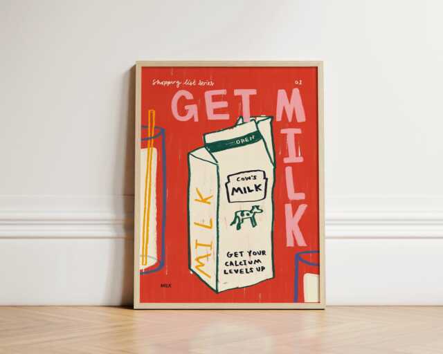 Get Milk Print, Quirky Kitchen Poster, Wall Art, Decor, Colourful Food Trendy Unframed - image 1