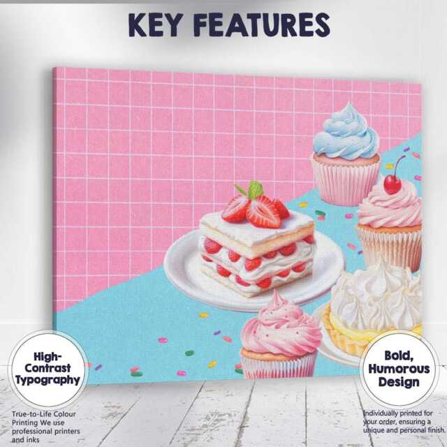 Pastel Strawberry Cake Cupcake Meringue Dessert Pattern Canvas Wall Art Print Decor Picture Ready To Hang - image 1
