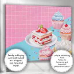 Pastel Strawberry Cake Cupcake Meringue Dessert Pattern Canvas Wall Art Print Decor Picture Ready To Hang - thumbnail 3