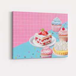 Pastel Strawberry Cake Cupcake Meringue Dessert Pattern Canvas Wall Art Print Decor Picture Ready To Hang - thumbnail 4