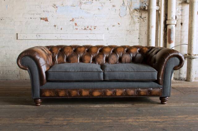 3 Seater Antique Tan Leather Chesterfield Sofa, Grey Wool, British Handmade - image 1