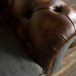 3 Seater Antique Tan Leather Chesterfield Sofa, Grey Wool, British Handmade - thumbnail 4