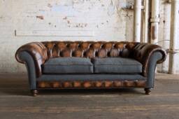 3 Seater Antique Tan Leather Chesterfield Sofa, Grey Wool, British Handmade