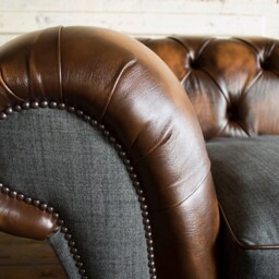 3 Seater Antique Tan Leather Chesterfield Sofa, Grey Wool, British Handmade - thumbnail 3