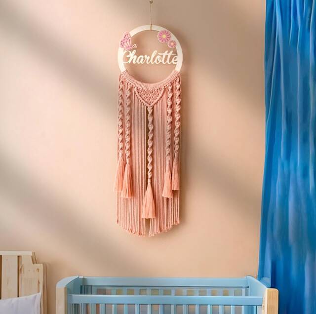 Baby Name Sign, Macrame Dreamcatcher, Nursery Decor, Sign For Girl, Kids Birthday Gift, Wall Art, Boys Bedroom Decor V62 - image 1