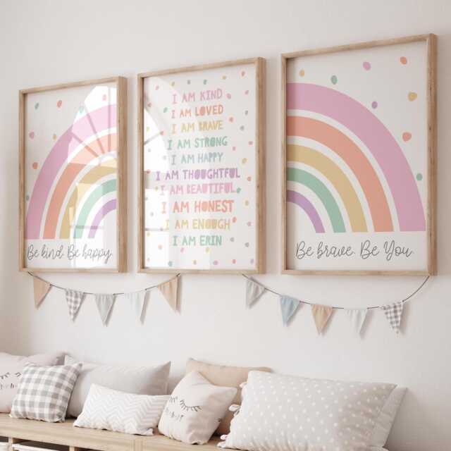 Girls Personalised Rainbow Print Set Of 3, Positive Affirmation Prints, Motivational, Bedroom Nursery Wall Art, Art - image 1