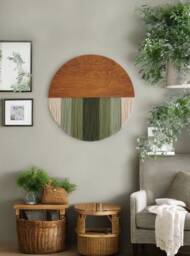 Half Moon Wall Hanging, Fiber Art, Minimalist Artwork, Home Office Decor, Boho Macrame Round Wood Sign V07 - thumbnail 1