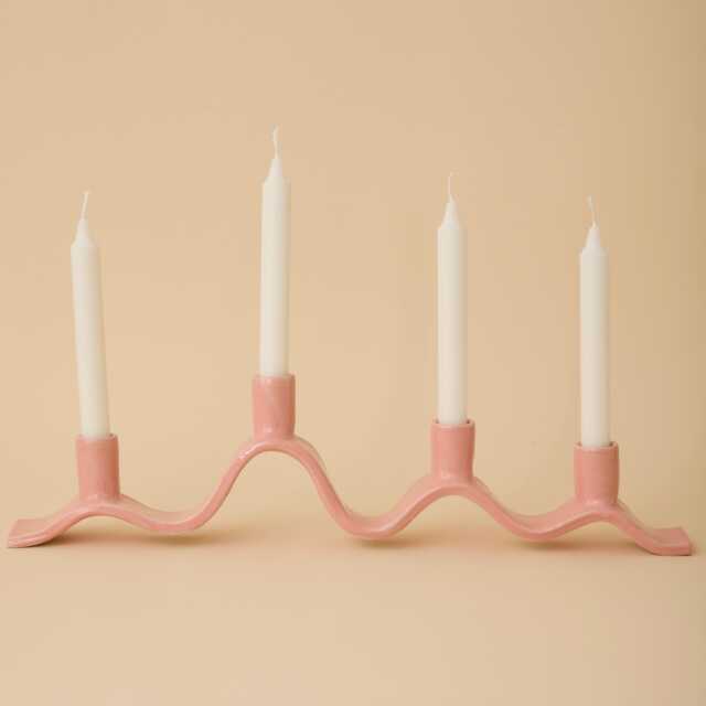Pink Wavy Ceramic Candelabra - Handmade Candle Holder For Four Dinner Candles - image 1