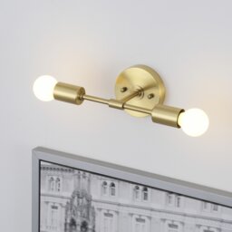 2 Light Brushed Gold Wall Sconce - Modern Minimalist Lighting For Bathroom, Vanity & Hallway Industrial Exposed Bulb Lamp Fixture